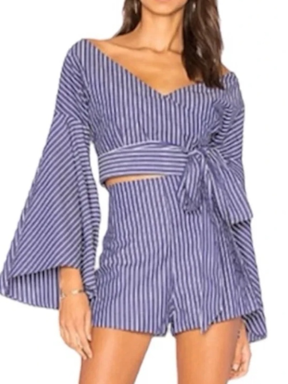 Fame and Partners Blue and White Striped Faux Wrap Crop Top